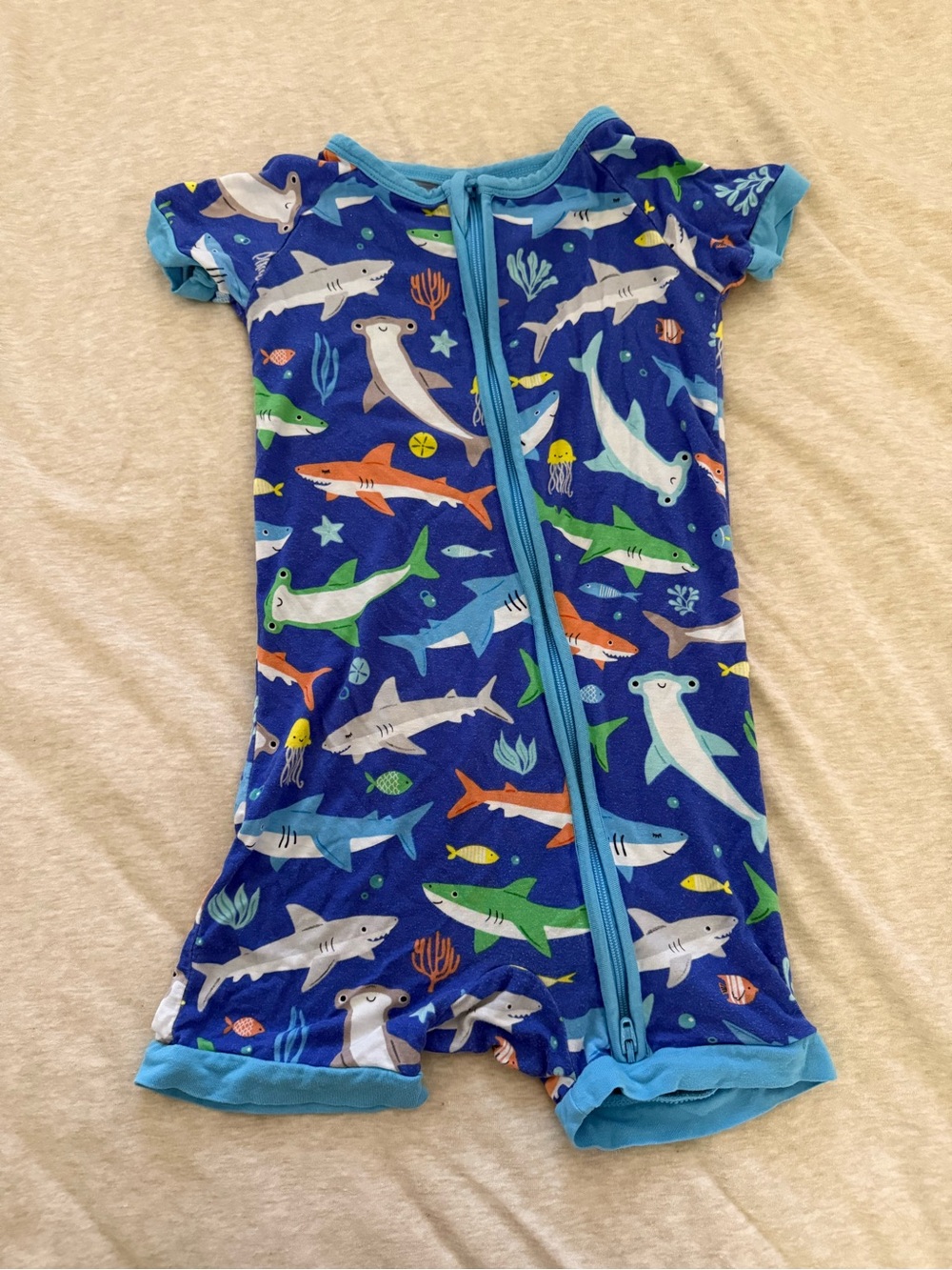 Little Sleepies Shark & Ocean Print Romper in Blue and Aqua